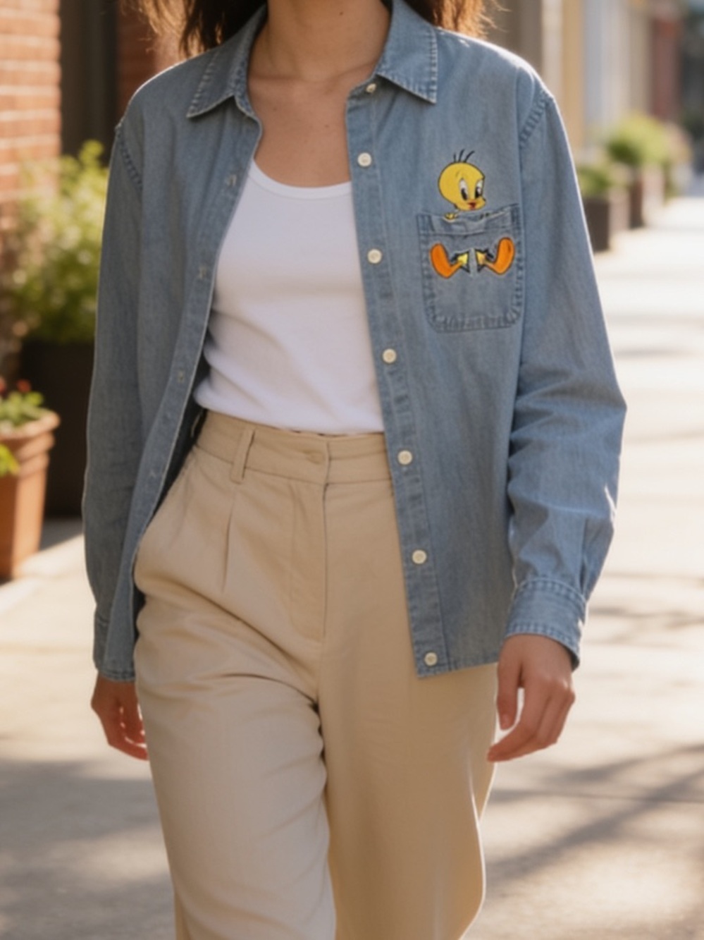 Warner Bros Tweety Bird Denim Button-Up Front Pocket Shirt - Light Blue